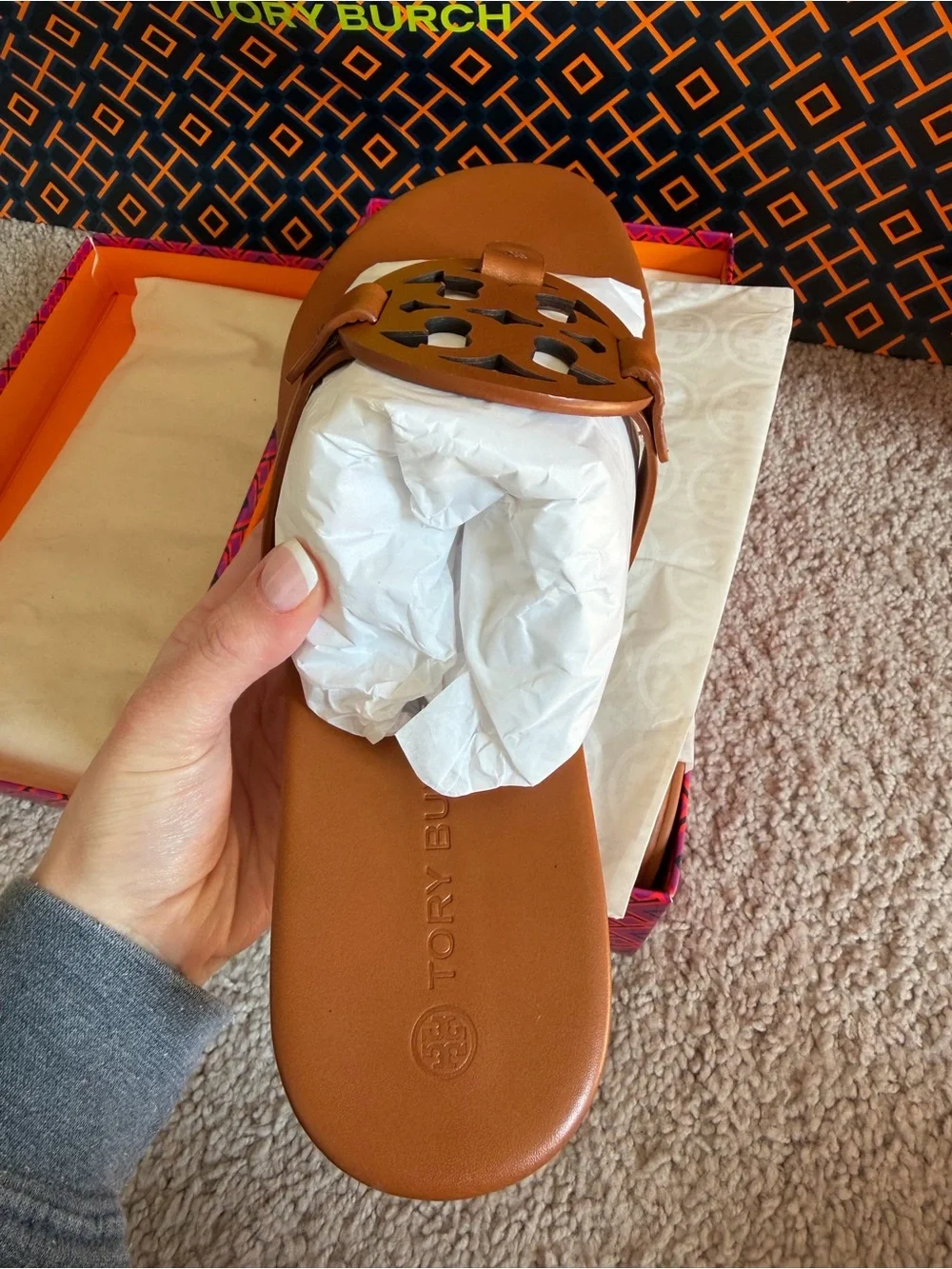 Tory Burch Miller Soft Leather Sandals Bourbon Miele Size 12 Brown Tan